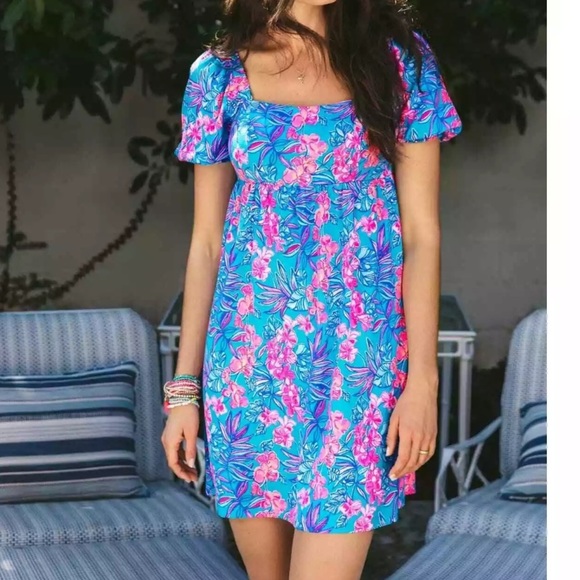 Lilly Pulitzer Orchid Oasis Delaney Dress Pleated Puff Sleeve Sundress - Picture 1 of 16